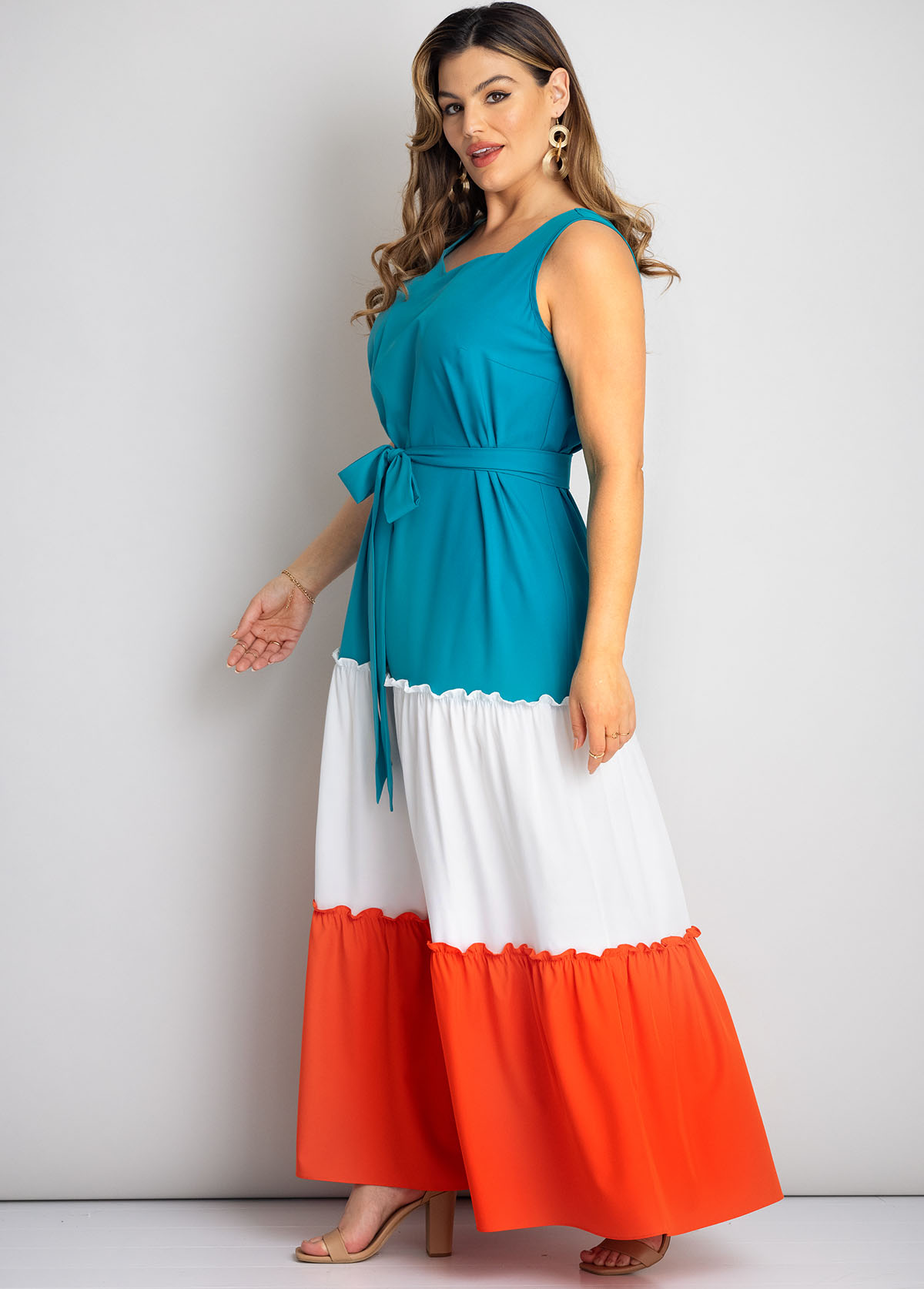 Belted Color Block Plus Size Maxi Dress