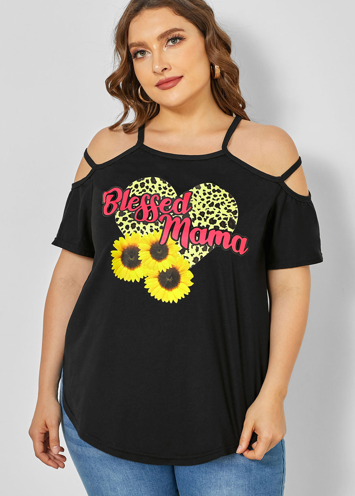 Sunflower Print Plus Size Strappy Cold Shoulder T Shirt