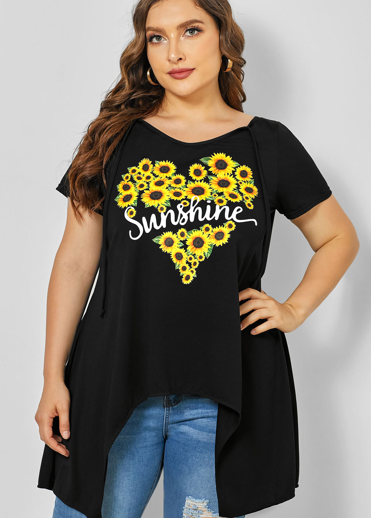 Asymmetric Hem Sunflower Print Plus Size T Shirt