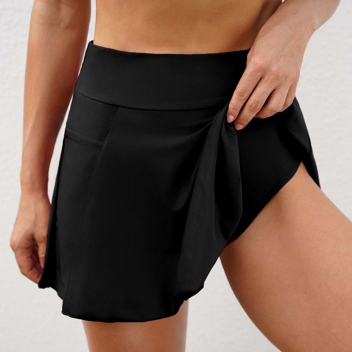 Pocket High Waisted Black Pleated Hem Swim Skirt