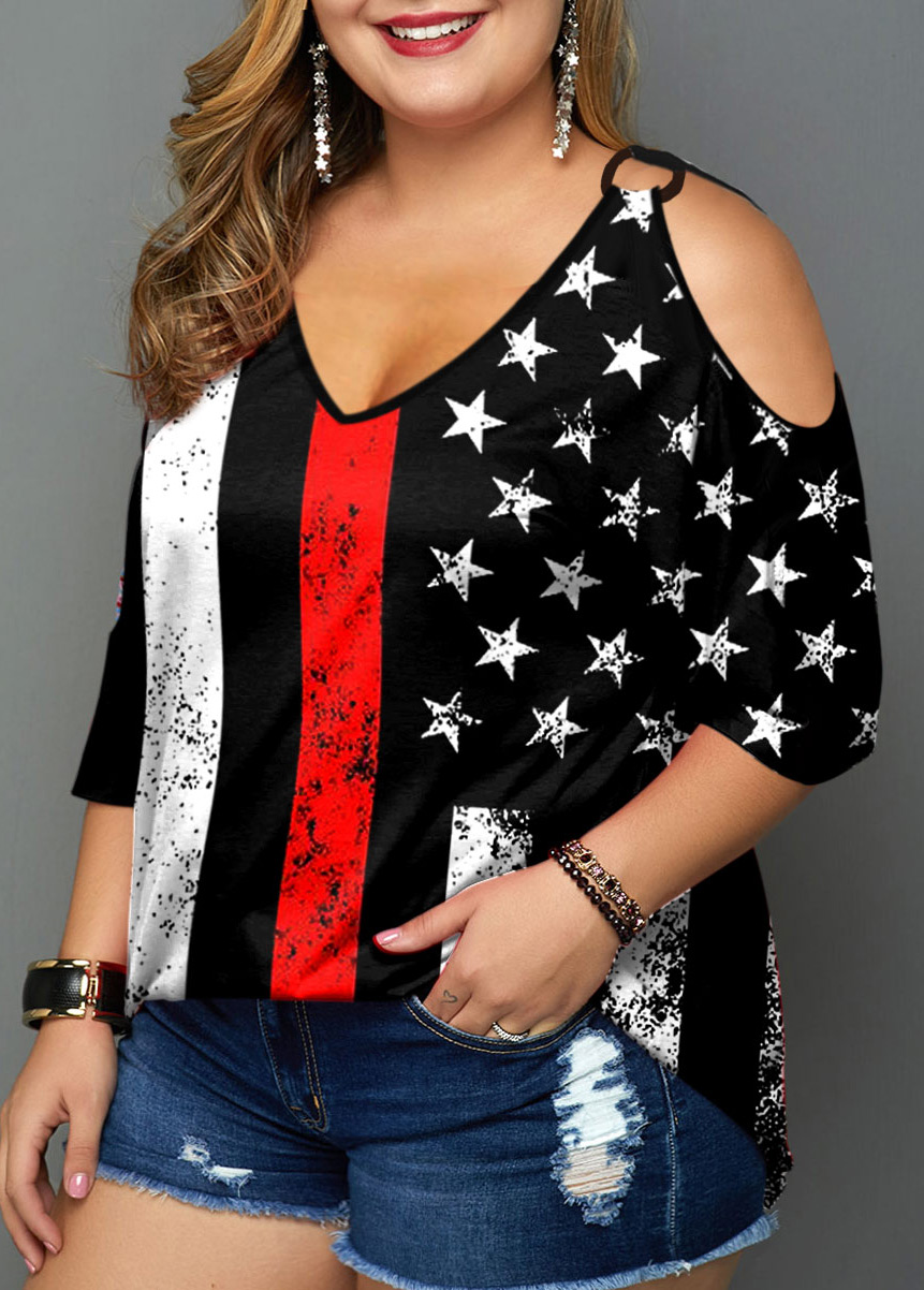 Cold Shoulder Plus Size American Flag Print T Shirt