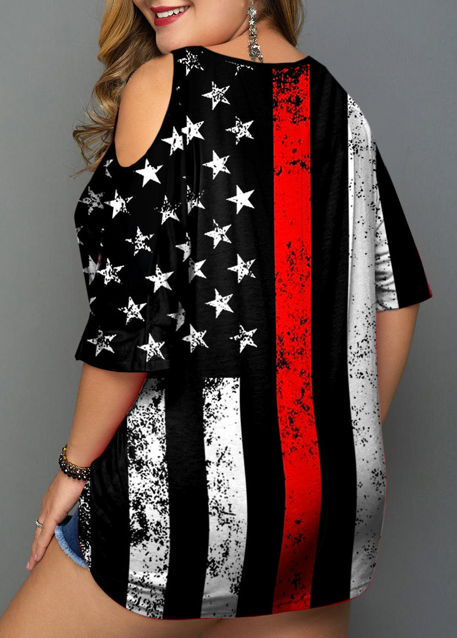 Cold Shoulder Plus Size American Flag Print T Shirt