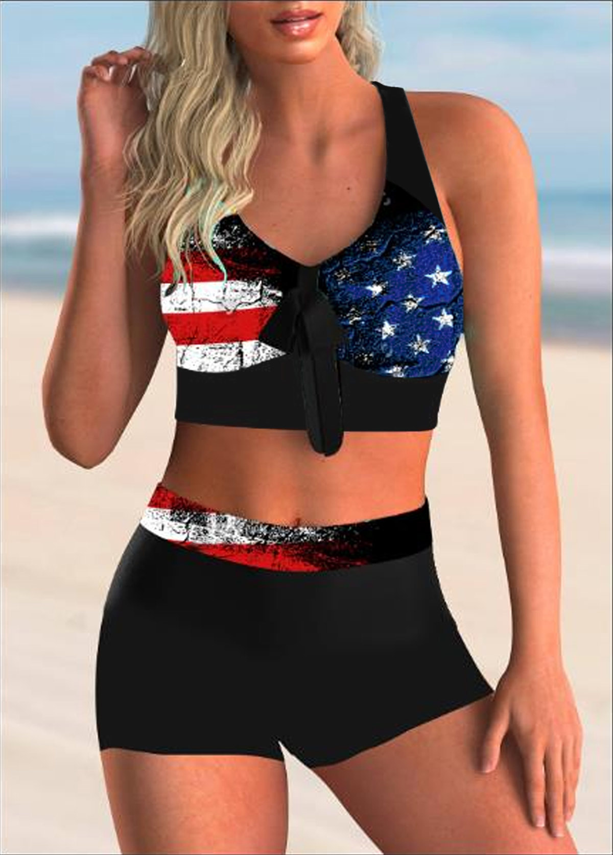 Bowknot American Flag Print High Waist Bikini Set 