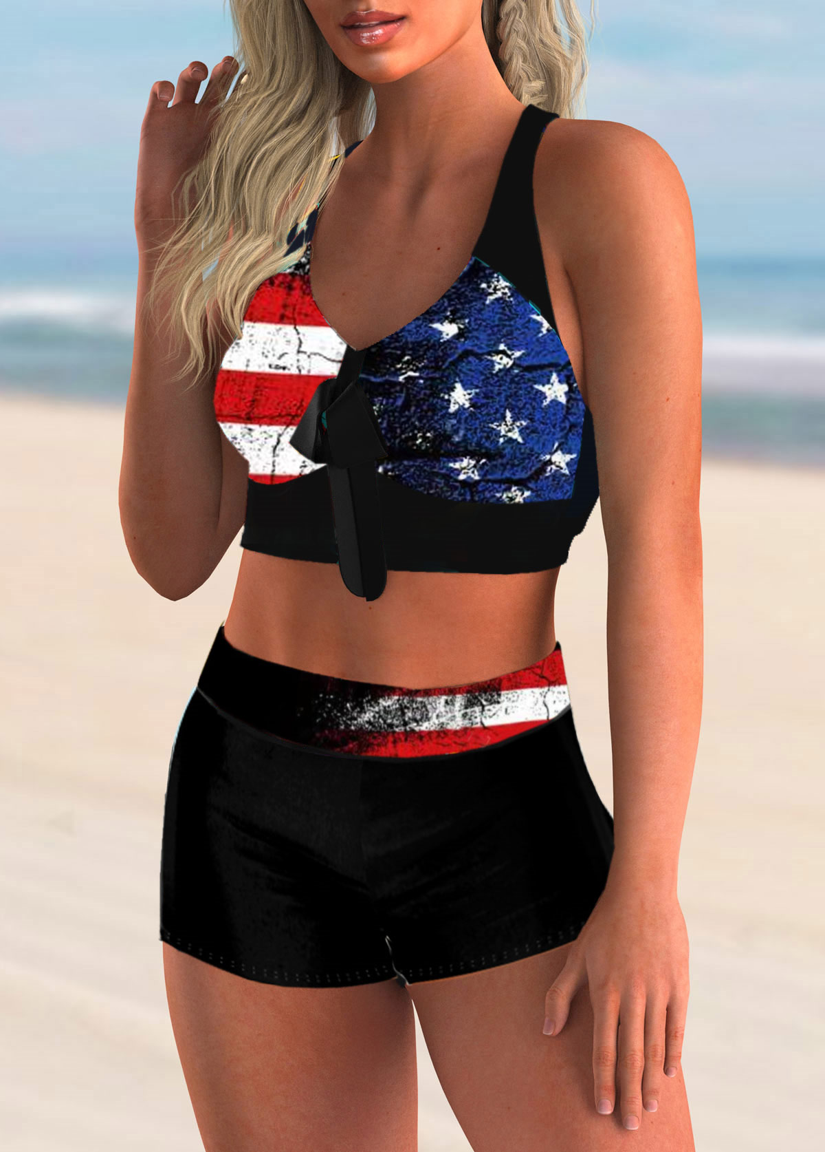 Bowknot American Flag Print High Waist Bikini Set 