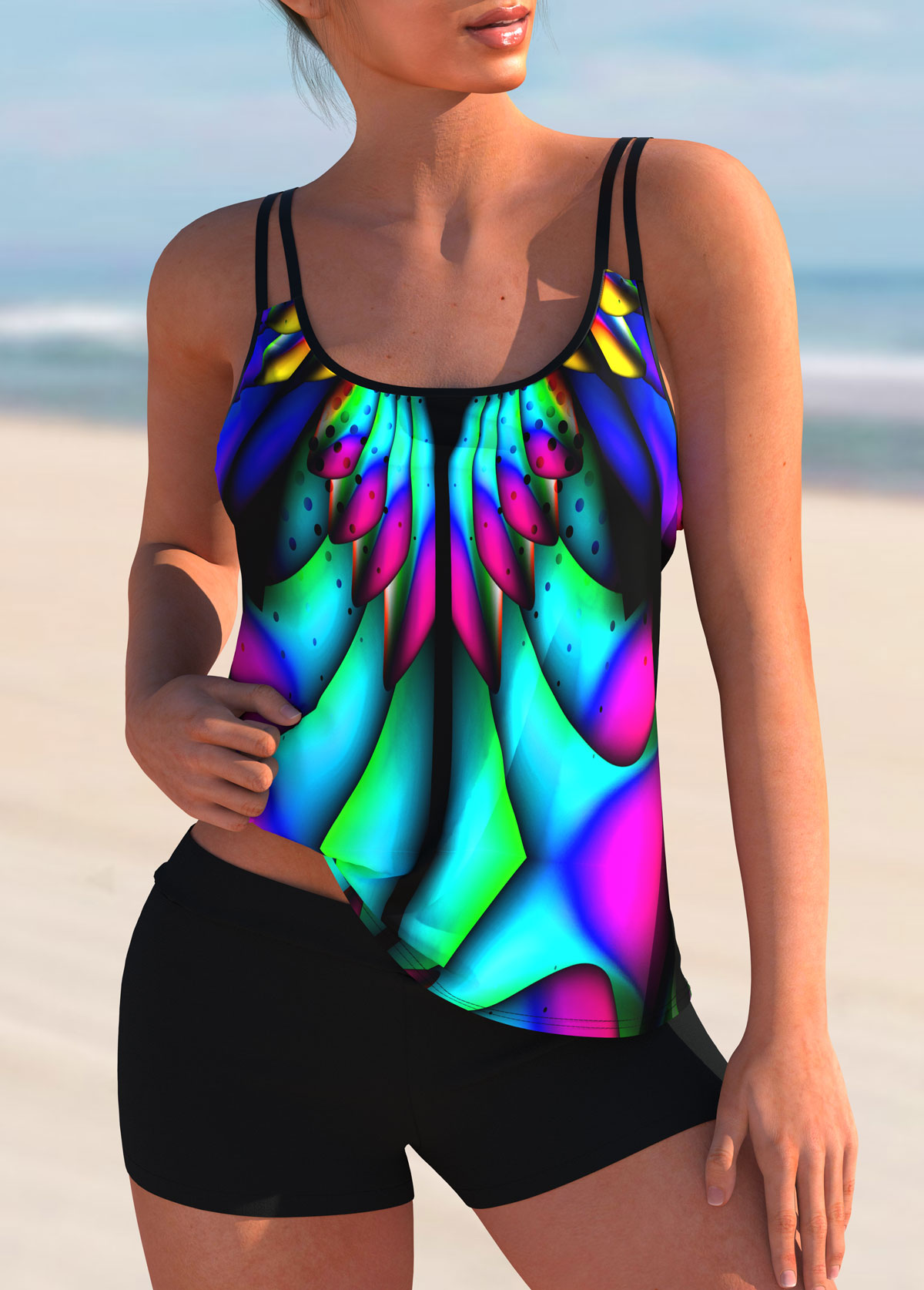 Colorful Printed Spaghetti Strap Tankini Set 