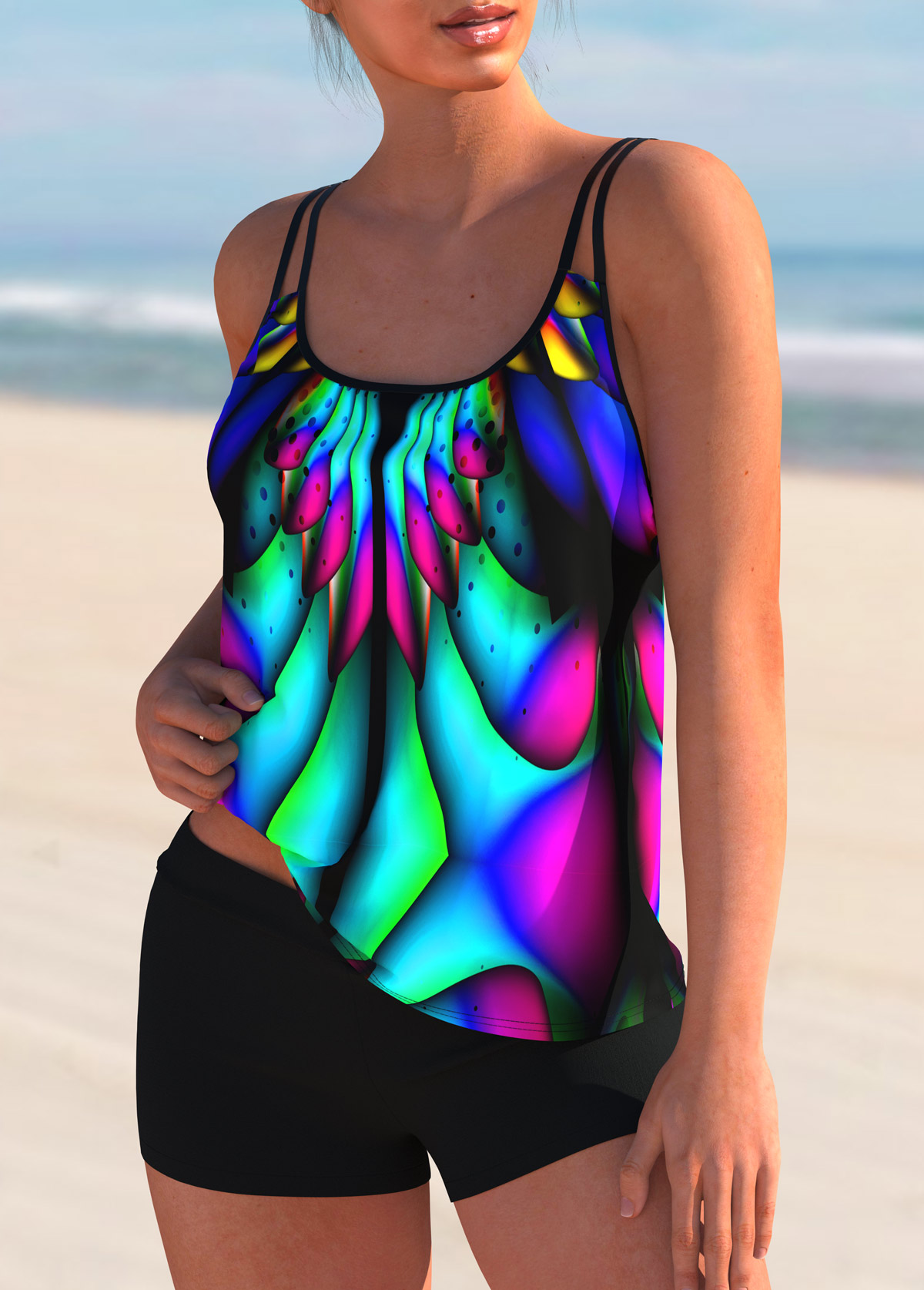 Colorful Printed Spaghetti Strap Tankini Set 