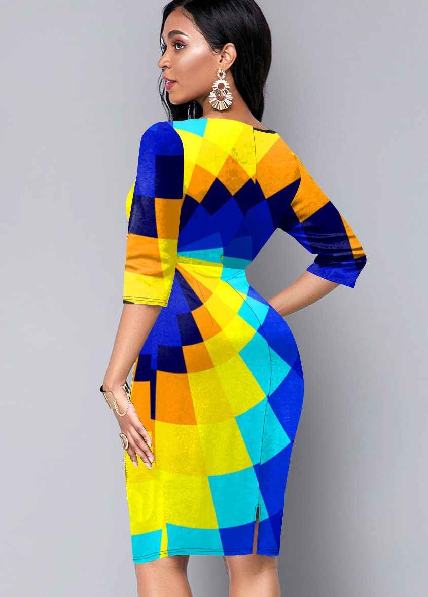 Geometric Print 3/4 Sleeve Round Neck Dress