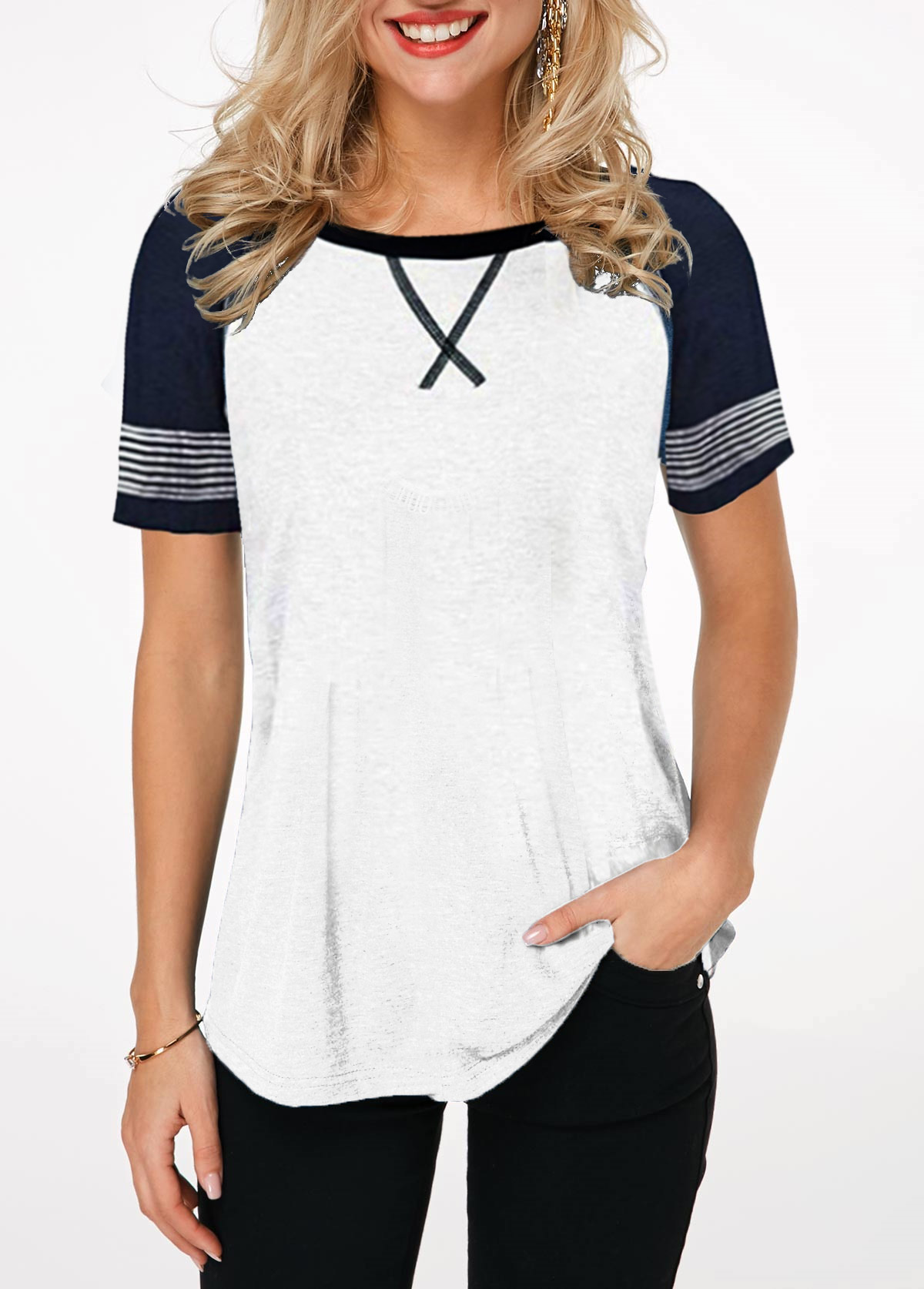 Short Sleeve Contrast Round Neck T Shirt