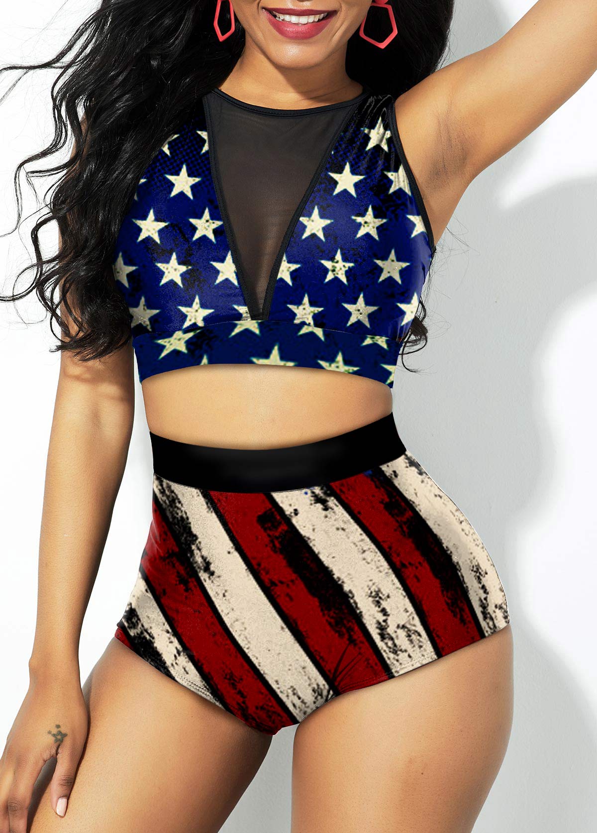 High Waist American Flag Print Mesh Stitching Bikini Set 