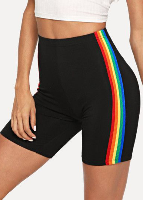 High Waisted Rainbow Color Striped Swim Shorts