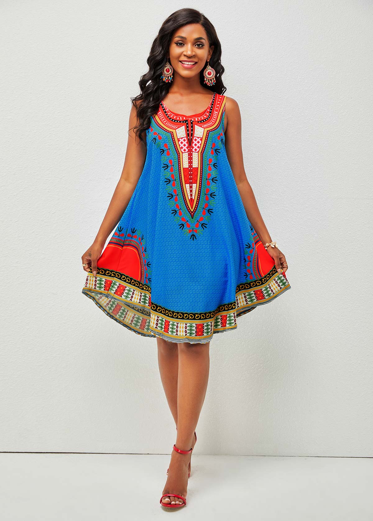 Wide Strap Tribal Print Round Neck Dress USD 20.87