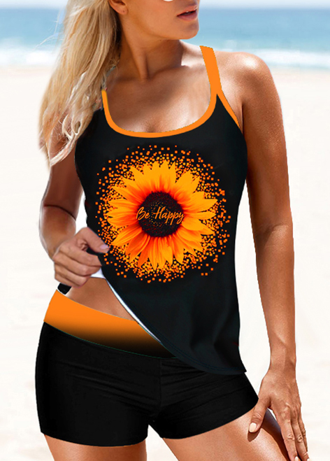 Mid Waist Sunflower Print Cross Strap Tankini Set 