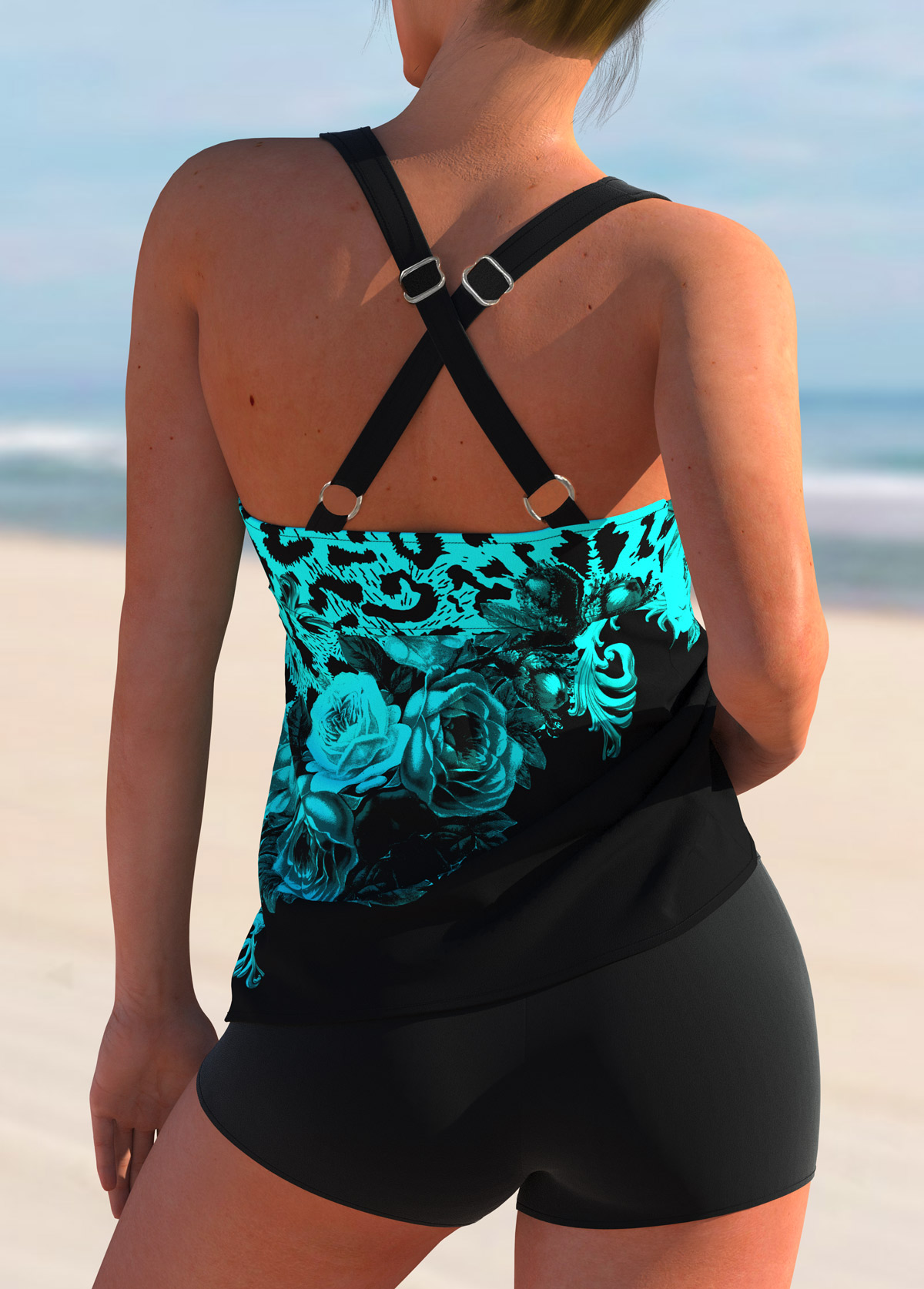 Leopard and Floral Print Cross Strap Tankini Set