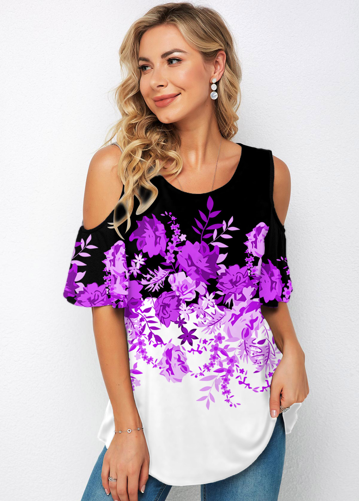 Round Neck Cold Shoulder Floral Print T Shirt