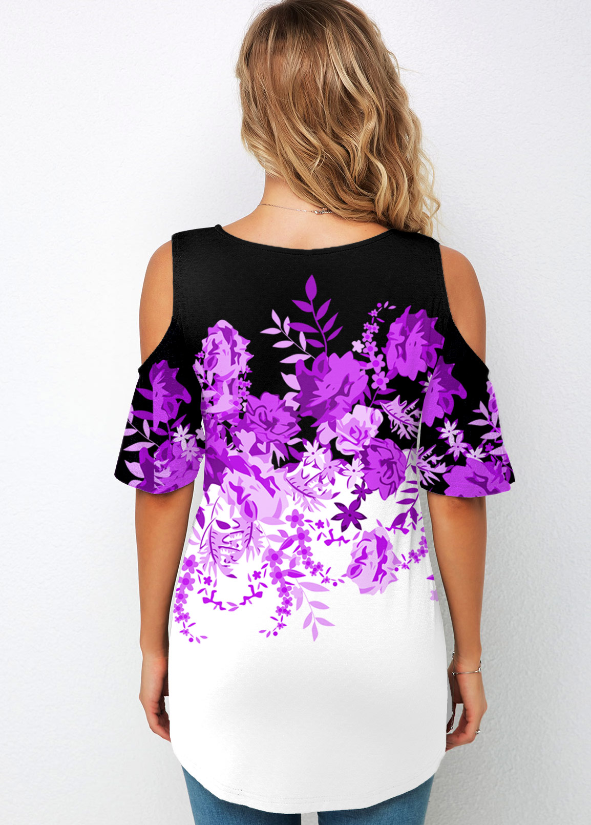 Round Neck Cold Shoulder Floral Print T Shirt