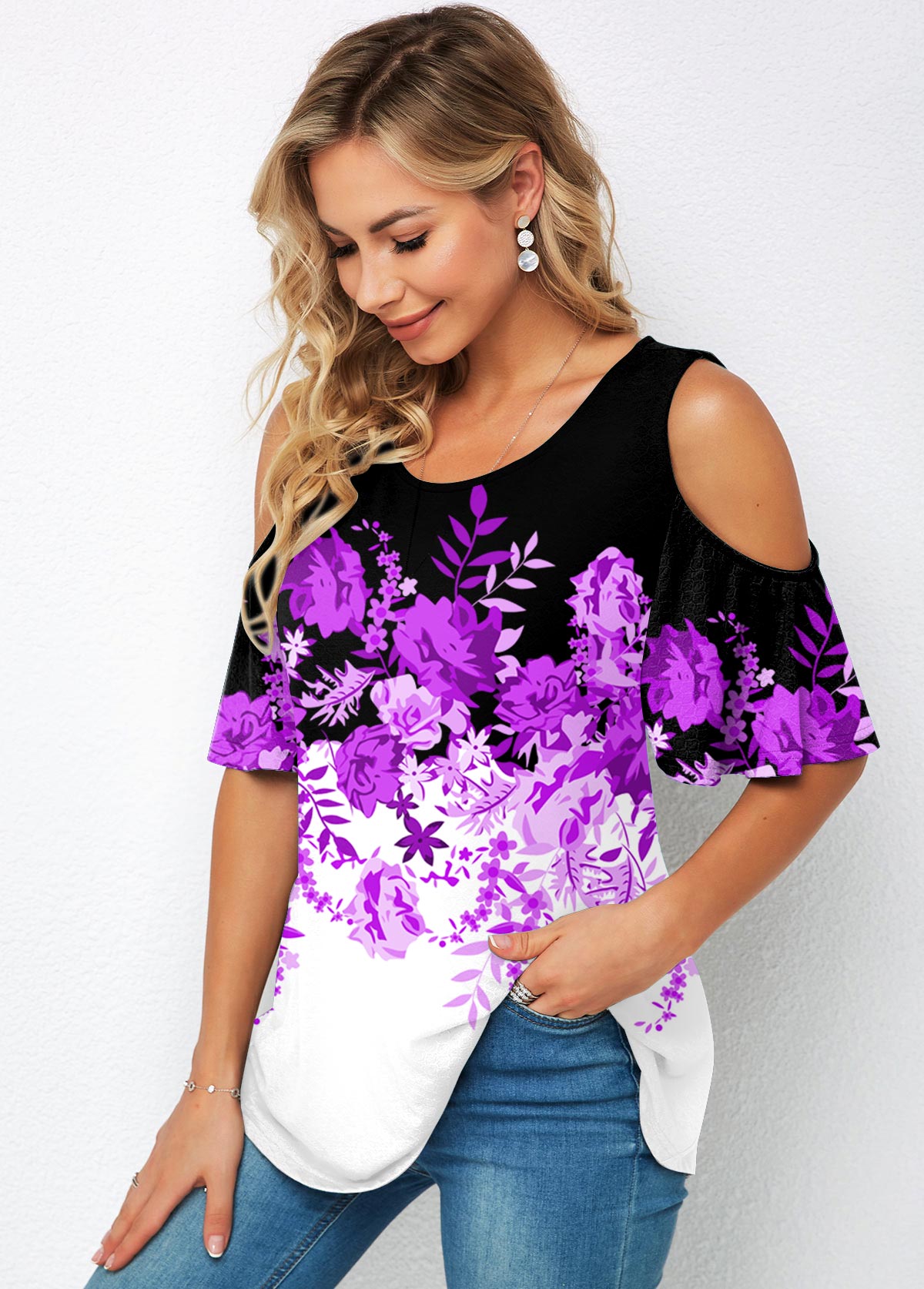 Round Neck Cold Shoulder Floral Print T Shirt
