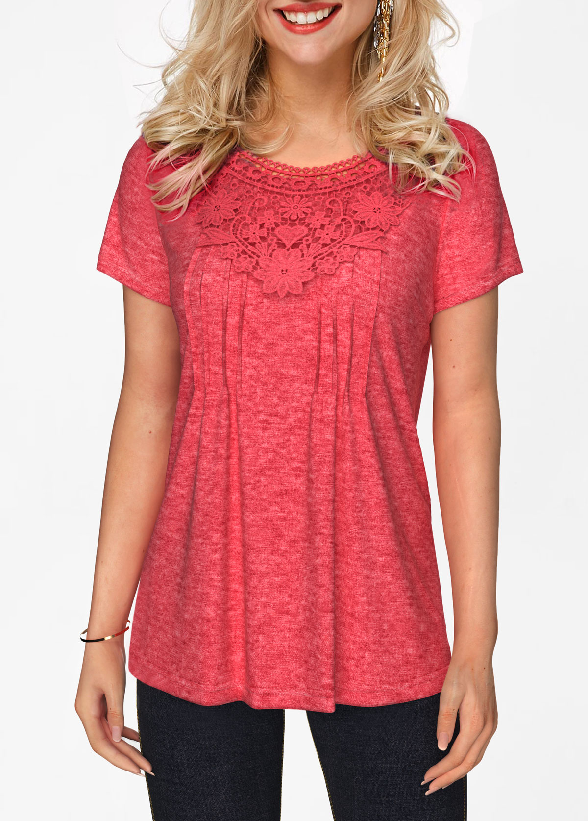 Short Sleeve Coral Red Crinkle Chest T Shirt 
