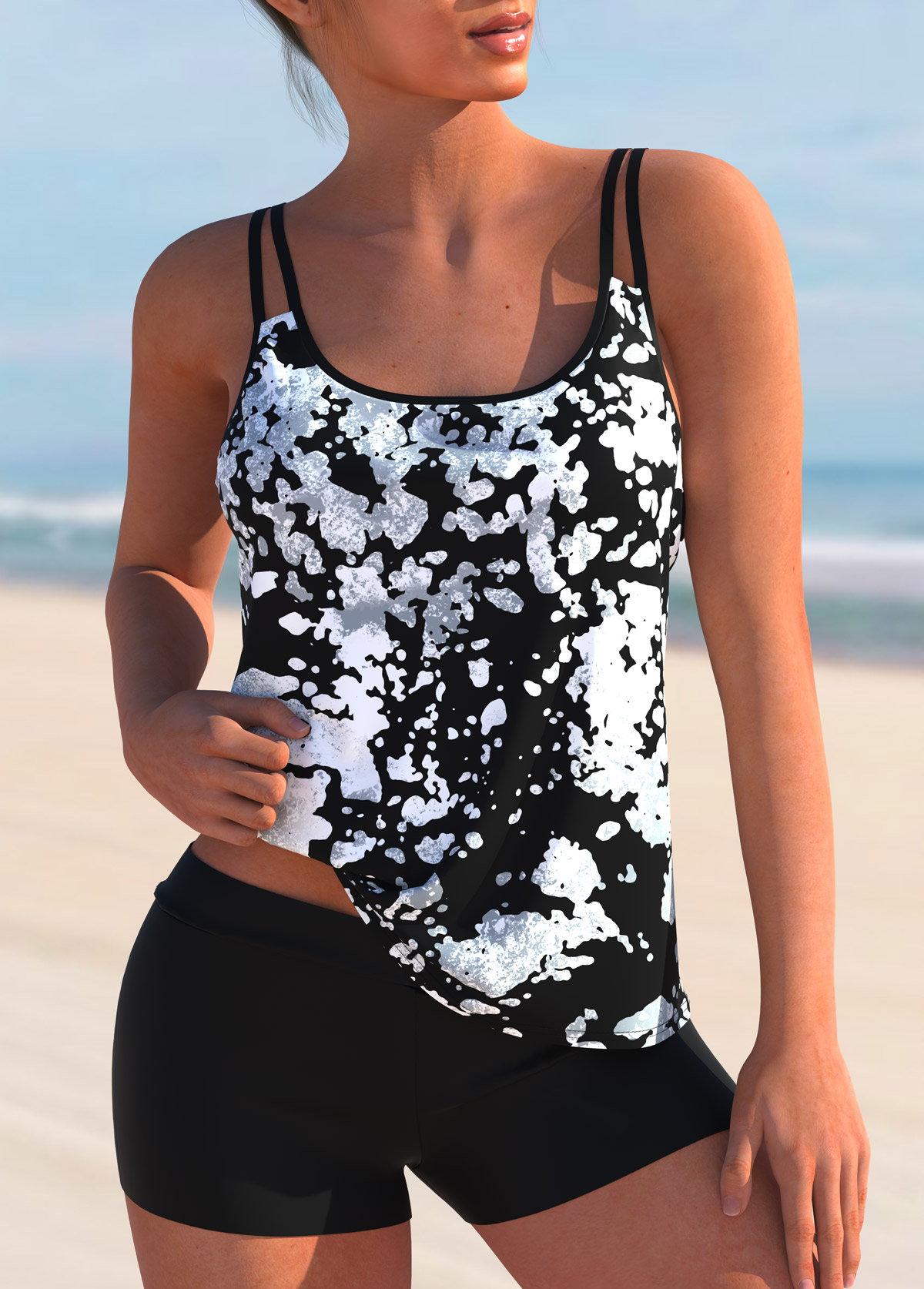 Monochrome Texture Print Mid Waist Tankini Set 