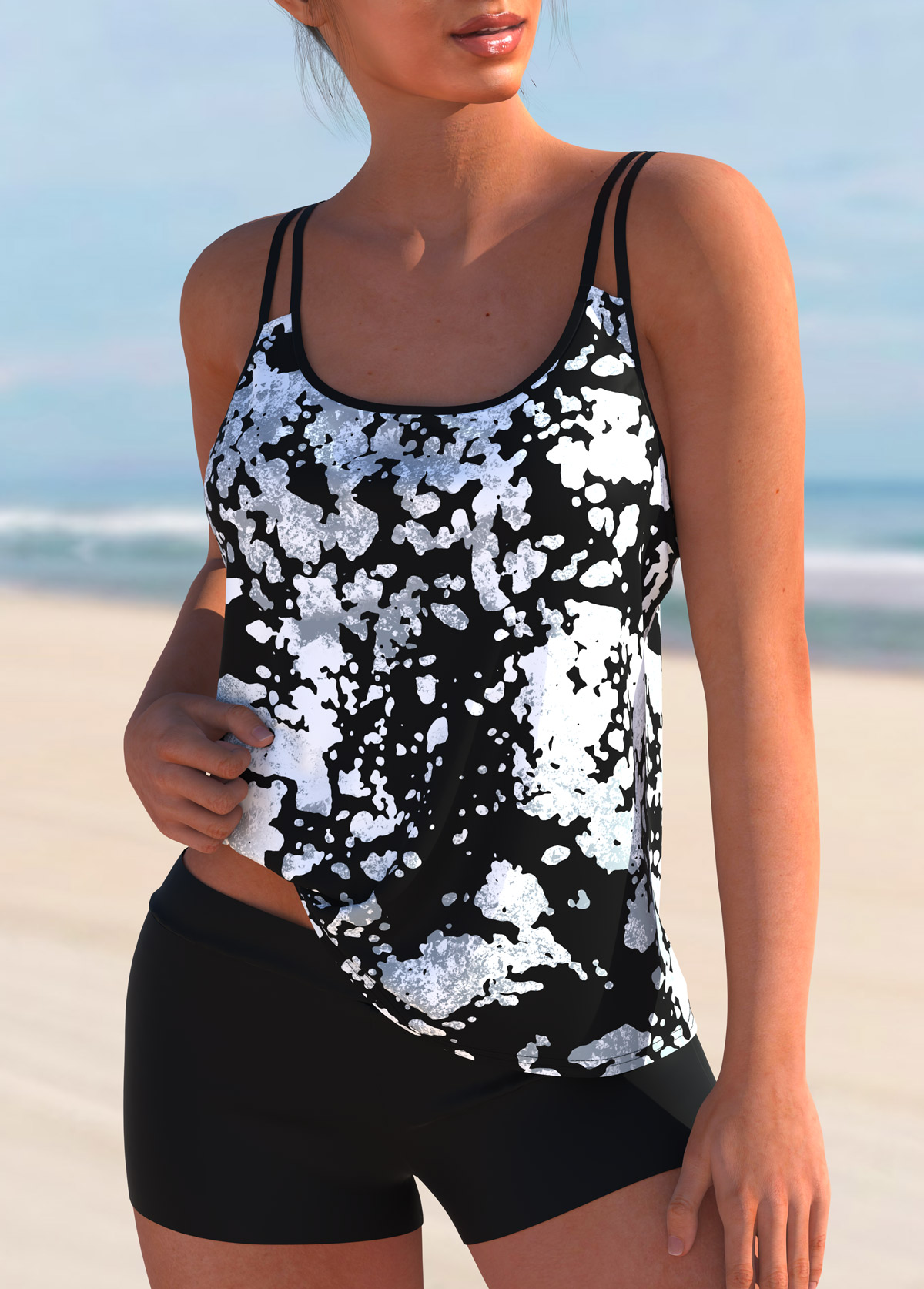 Monochrome Texture Print Mid Waist Tankini Set 
