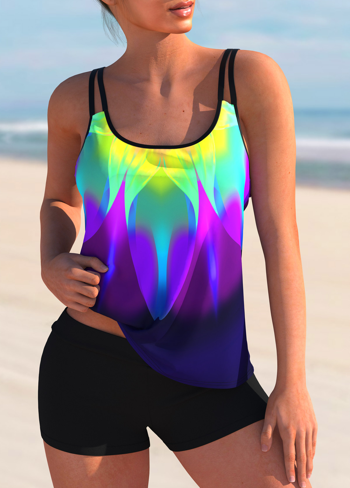 Colorful Printed Spaghetti Strap Tankini Set 