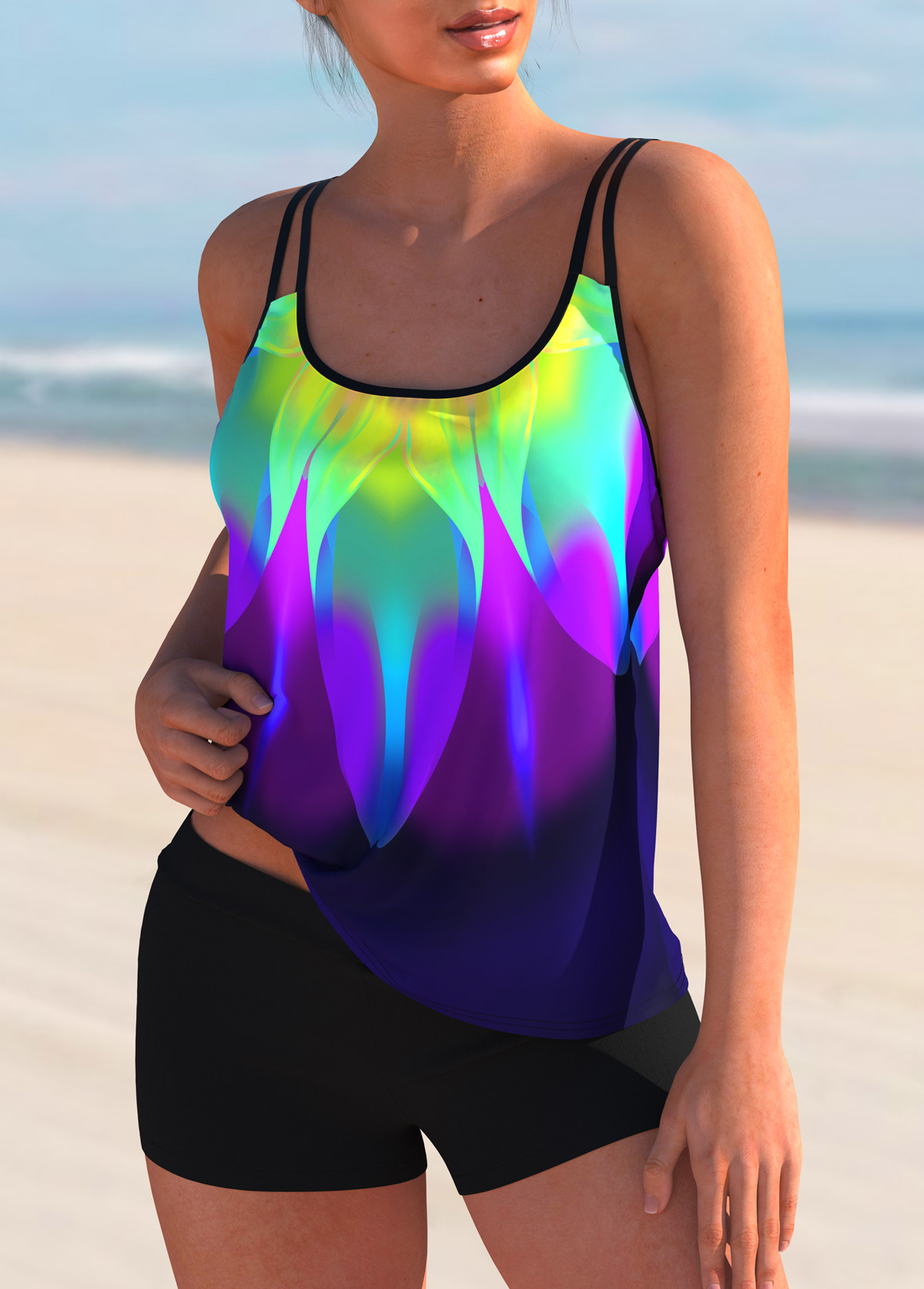 Colorful Printed Spaghetti Strap Tankini Set 