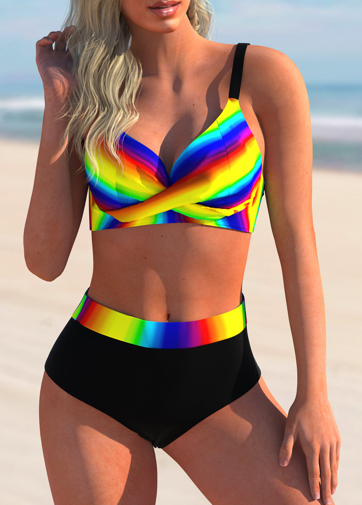 Rainbow Color High Waisted Criss Cross Bikini Set 