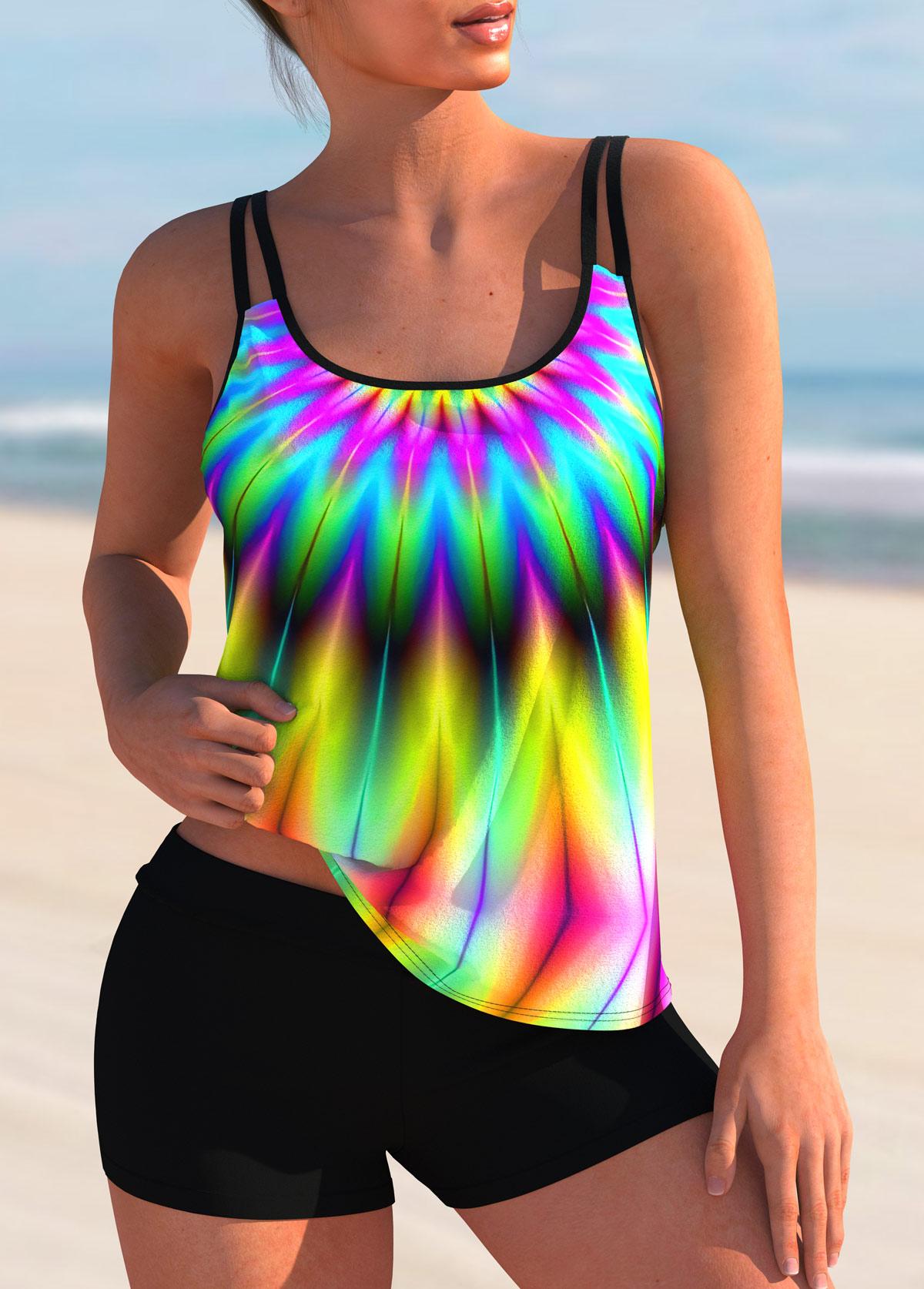  Wide Strap Multi ColorHigh Waisted Tankini Set 