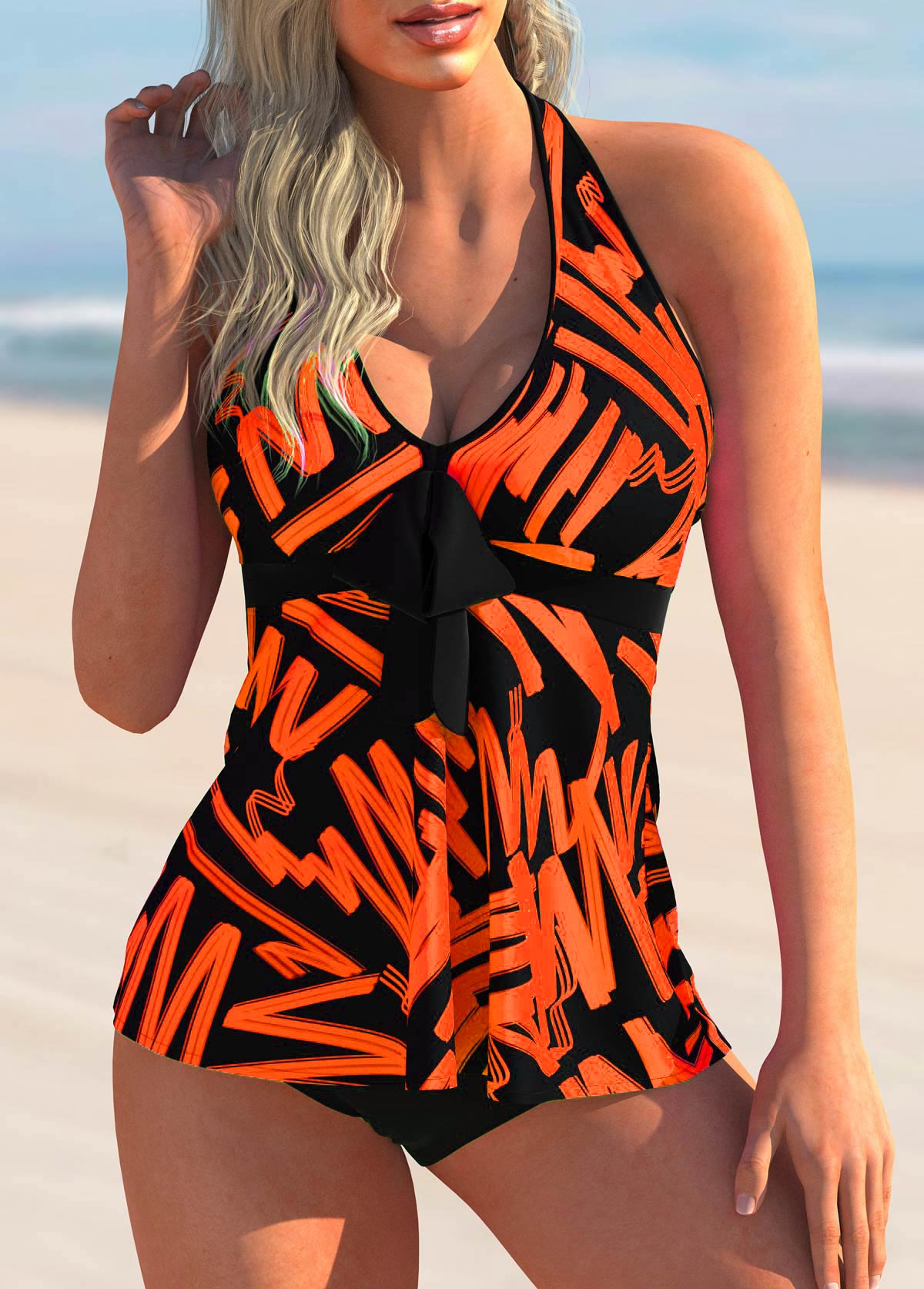 Halter Printed Bowknot Detail Tankini Set 
