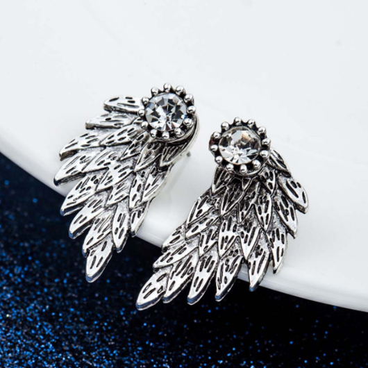 Silver Rhinestone Detail Wings Design Earrings