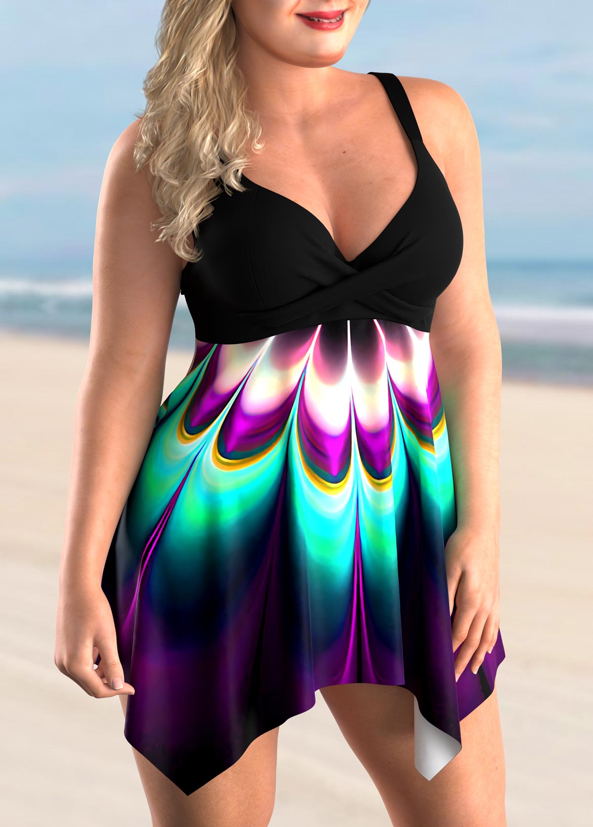 Plus Size Asymmetric Hem Colorful Printed Swimdress and Panty