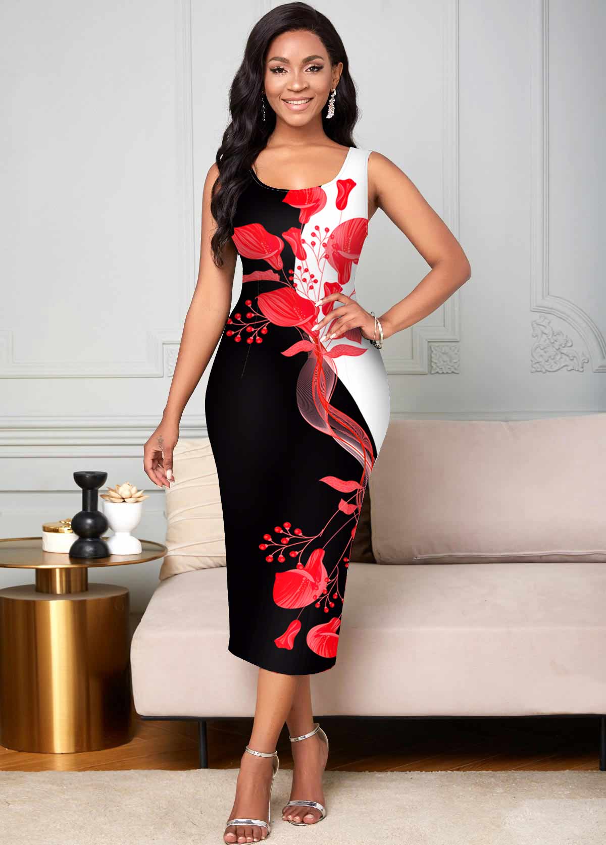 Sleeveless Floral Print Contrast Bodycon Dress