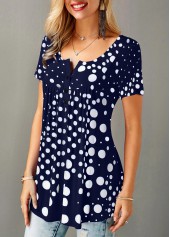 Polka Dot Patchwork Short Sleeve Split Neck Blouse