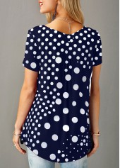 Polka Dot Patchwork Short Sleeve Split Neck Blouse