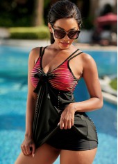 Printed Bowknot Double Straps Plus Size Tankini Set 