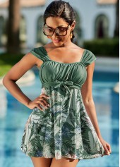 Bowknot Plus Size Feathers Print Swimdress and Panty 