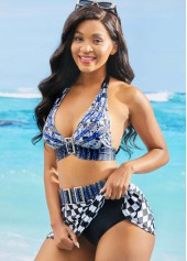 Halter Checkered Print Buckle Detail Bikini Set