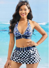 Halter Checkered Print Buckle Detail Bikini Set