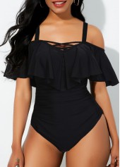 Black Ruffle Overlay Spaghetti Strap One Piece Swimwear
