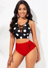 Button Detail Lace Up Polka Dot High Waisted Bikini Set