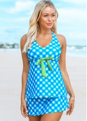 Halter Neck Plaid Print Bowknot Detail Tankini Set