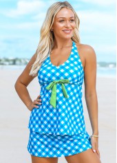 Halter Neck Plaid Print Bowknot Detail Tankini Set