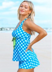 Halter Neck Plaid Print Bowknot Detail Tankini Set