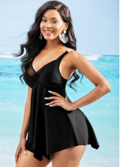 Mesh Stitching Asymmetric Hem Spaghetti Strap Swimdress