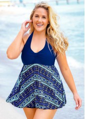Halter Plus Size Geometric Print Swimdress and Shorts