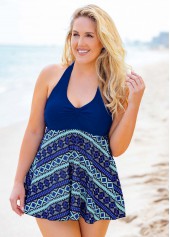 Halter Plus Size Geometric Print Swimdress and Shorts