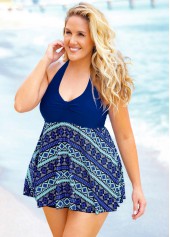 Halter Plus Size Geometric Print Swimdress and Shorts