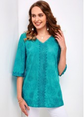 Embroidery Peacock Blue V Neck Regular Sleeve Blouse
