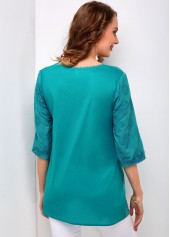 Embroidery Peacock Blue V Neck Regular Sleeve Blouse