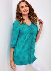 Embroidery Peacock Blue V Neck Regular Sleeve Blouse