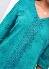 Embroidery Peacock Blue V Neck Regular Sleeve Blouse